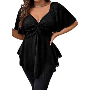 Eytino Womens Plus Size Tops Twist Front V Neck Short Sleeve Eyelet Embroidery Summer Loose Blouse Shirts XL, Black