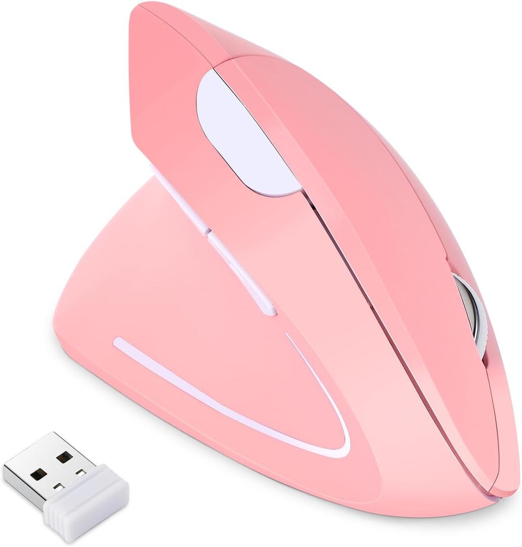 Left Handed Mouse, 2.4G Wireless Left Handed Ergonomic Mouse with 800/1200/1600 Adjustable DPI, 6 Buttons Wireless Vertical Mouse for MacBook/Laptop/PC/Desktop (Pink)