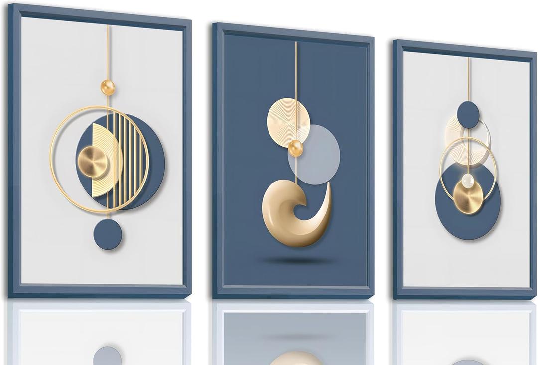 3Pcs Modern Abstract Canvas Wall art Blue White Luxury Gold Graphic Wall Decor Pictures Minimalist Medieval Geometric Poster Prints for Living Room Bedroom Office Home Decoration 16x24in Unframed