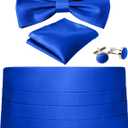 Cummerbund and Bow Tie Set Solid Color Adjustable Formal Men's Black Cumberbund Bowtie Cufflinks Set & Pocket Squares (Blue)