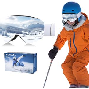 Ski Goggles for Adult & Kids, 100% UV Protection Anti Fog Snow Goggles OTG Helmet Compatible Snowboard Goggles (White Frame-silver Lens-vlt 12%)