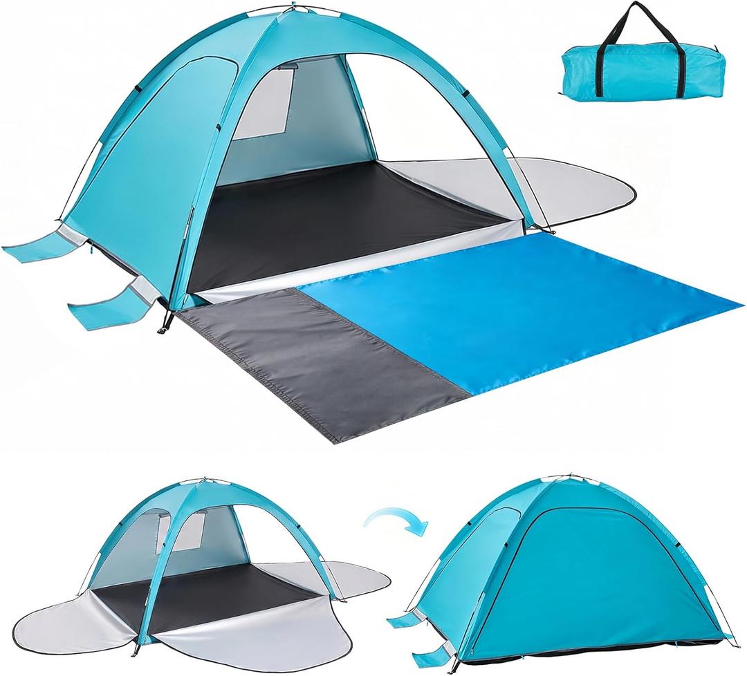 Beach Tent Sun Shelter with Extended Sand Mat - UPF 50+ UV Protection,3 Doors Easy Set up Beach Shade Tent, Portable Beach Cabana for 3-4 Person
