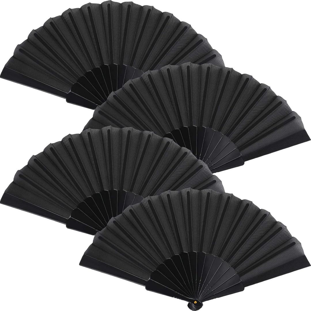 Blulu 4 Pieces Handheld Folding Fan Small Chinese Hand Fans in Oriental Cloth Fabric for Dancing, Party, Wedding Gifts, Craft DIY, Home Decorations(Black)