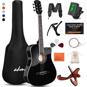 ADM 38" Inch Acoustic Guitar Bundle for Beginners Adults with Online Lesson, Cutaway Wood Acustica Guitarra Starter Set Package with Gig Bag, Strap, Steel Strings, Picks, Capos, Stand, Black 1