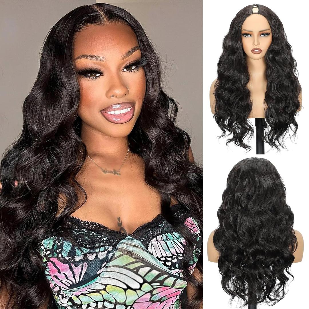 Aisaide Natural Black V Part Wig Body Wave Half Wigs for Black Women 24Inch Synthetic Upgrade U Part Wig Full Head Clip in No Leave Out Wear and Go Glueless Long Wig