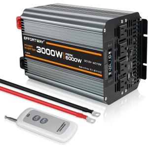 3000w Power Inverter DC 12V to AC 110V/120V Converter with 6000w Peak.Comes with LCD Display, Wireless Controller,4AC outlets 1USB.RV Inverter,Suitable for Camping,and Off-Grid Solar Inverter Systems