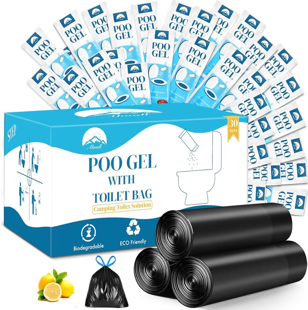 Portable Toilet Bags Poo Gel Set, 30 Count 10 Gal Camping Toilet bags with drawstring and 30 Pack 0.53 Oz each Pee Powder for Portable Camping Toilet fit for Traveling, Emergency, Outdoor Activities