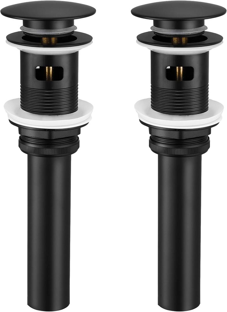 KES Bathroom Sink Drain with Overflow, Matte Black Pop Up Drain 2 Pack for Vanity Vessel Sink, All Metal Bathroom Sink Stopper, T304 Stainless Steel and Brass, S2008A-BK-P2-KES