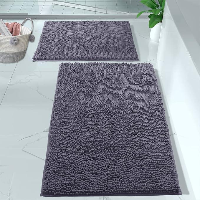 2 Piece Bathroom Rug Set - Premium Plush Bath Mat Shower Rugs, 1" Chenille Microfiber, Non-Slip & Absorbent, Soft & Cozy, Durable Stylish  19"x32", 19"x20"
