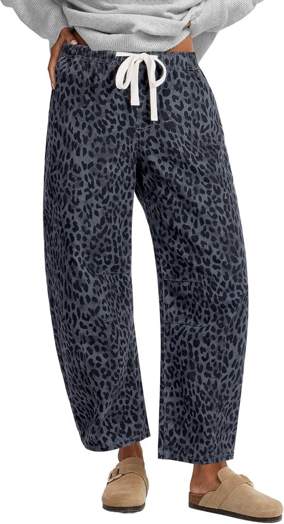 GRAPENT Barrel Jeans for Women Trendy High Waisted Pull On Wide Leg Cropped Leopard Cheetah Print Stretchy Denim Pants (XX-Large)