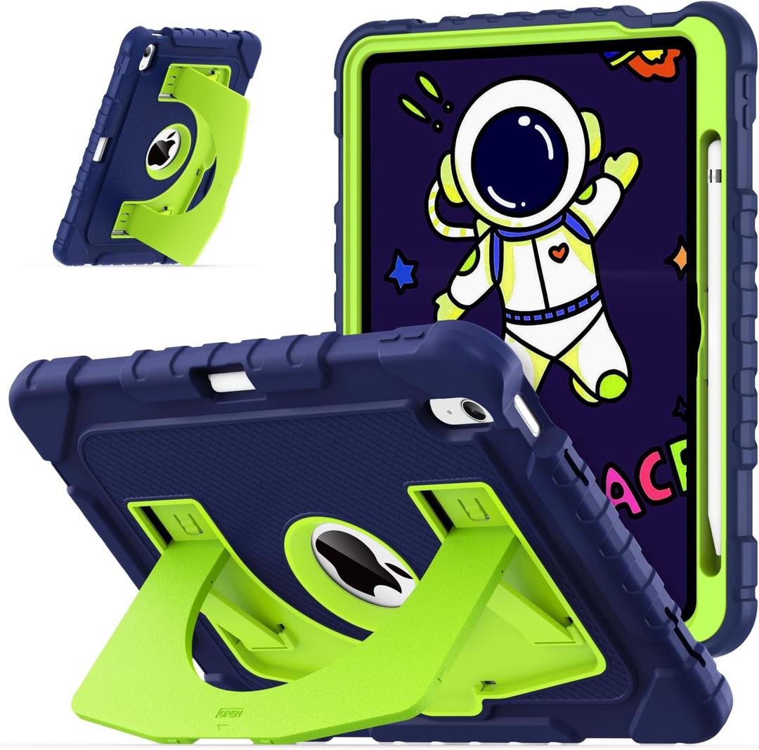 OKP Case for iPad A16 11th Generation 11 inch 2025/ 10th Generation 10.9 inch 2022, Shockproof Rugged Heavy Duty 11/10 th Gen i Pad Protective Cover with Pencil Holder/Kickstand, Navy Blue+Green