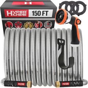 Best 150 ft Metal Garden Hose Set - No-Kink Durable 316 Stainless Steel, 10-Way Zync Spray Nozzle & Hook  Tough Flexible Heavy Duty Water Hoses, Naval Brass, Rust, Weather, LeakProof