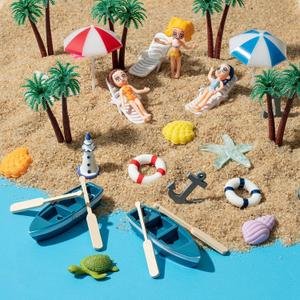 Haooryx 31Pcs Beach Fairy Garden Miniature Ornament Accessories, Summer Ocean Cake Topper Decoration DIY Resin Micro Seaside Scene Figure for Summer Beach Swimming Pool Birthday Party Favor Supplies