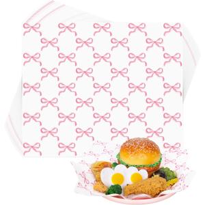 150 Sheet Pink Bow Wax Paper Coquette Ribbon Bow Deli Paper Cute Wrapping Tissue Basket Liners for Home Kitchen Restaurant Baking