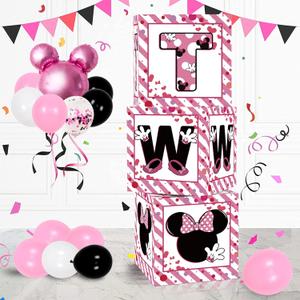2nd Birthday Party Favors Balloon Boxes Supplies for Baby, Girls 3Pcs Pink Mouse Theme Two Year Old Balloon Boxes, 'TWO' Letters Balloon Arch Kit for Party Decorations