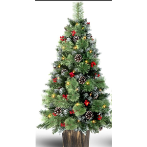 Jin&Bao 4FT Potted Christmas Tree with 100 Lights, Artificial Christmas Tree Outdoor Decor 8 Mode Timer Waterproof with Round Pine Cones & Red Berries for Front Door, Porch, 1 Pack