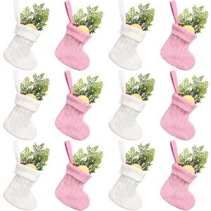 CCINEE 12Pack Mini Christmas Stockings, Pink and White Knitted Xmas Stocking Small Knit Hanging Stocking Decoration for Holiday Home Wall Fireplace Christmas Tree Decor