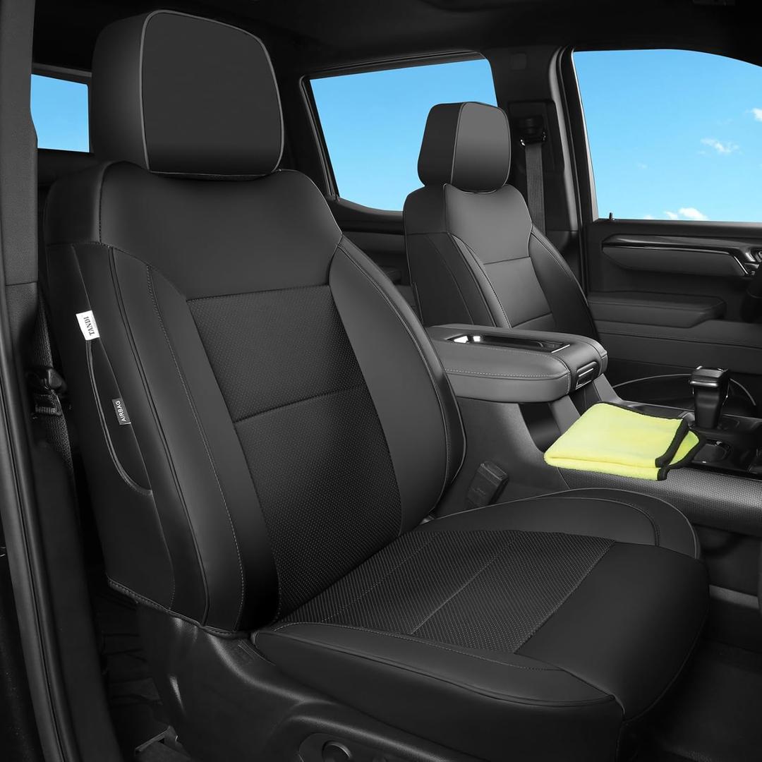 TANDI Custom Fit Silverado Seat Covers Full Set with Faux Leather for Chevy Silverado 2014 2015 2016 2017 2018 and for GMC Sierra 1500 and 2015-2019 2500HD 3500HD (Black, Full Set (SG-B))