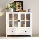 Sideboard Buffet Cabinet, Modern Wooden Kitchen Storage Cabinet with White 2 Glass Doors & Large Drawers, Accent Coffee Bar Console Table for Living Room, Dining Room, Hallway