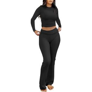 ANRABESS Women 2 Piece Outfits Spring Lounge Sets Long Sleeve Cropped Top Fold Over Flare Pants Comfy Pajamas Set Y2K Clothes (X-Large, Black)