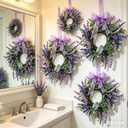 6 Pcs Mini Lavender Hanging Wreaths Purple Daisy Candle Rings Pillar Holder Wreath Wild Flower Spring Summer Floral Wreaths for Farmhouse Porch Front Door Cabinets Window