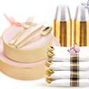 KIRE 175PCS Pink Plates Disposable - Heavy Duty Pink and Gold Plastic Plates Dinnerware Sets - 25 for Dinner 25 for Dessert 25 Pre Rolled Napkins 25Cups for Birthday Party/Wedding