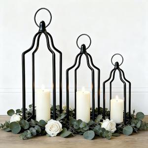 Rustic Farmhouse Decor Metal Lantern Set of 3 Decorative Lanterns for Home Indoor Outdoor Living Room, Fireplace, Patio, Wedding & Kitchen Table Centerpieces (Black, 16.9"+14.5"+12.2")