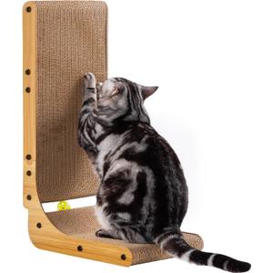 Poils bebe L Shape Cat Scratcher, 26.8 Inch Cat Scratchers for Indoor Cats, Protecting Furniture Cat Scratch Pad, Cardboard Cat Scratching with Ball Toy, Catnip, Large (1 PCS L Shape Cat Scratcher)