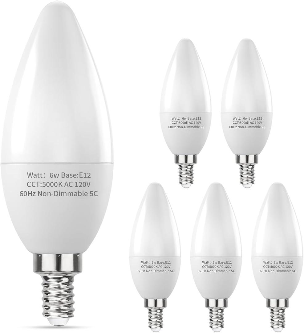 E12 LED Candelabra Bulbs 60W Equivalent, 5000K Daylight White, 6W B11 Candle Base Filament Vintage Light Bulbs, Non-Dimmable, Pack of 6
