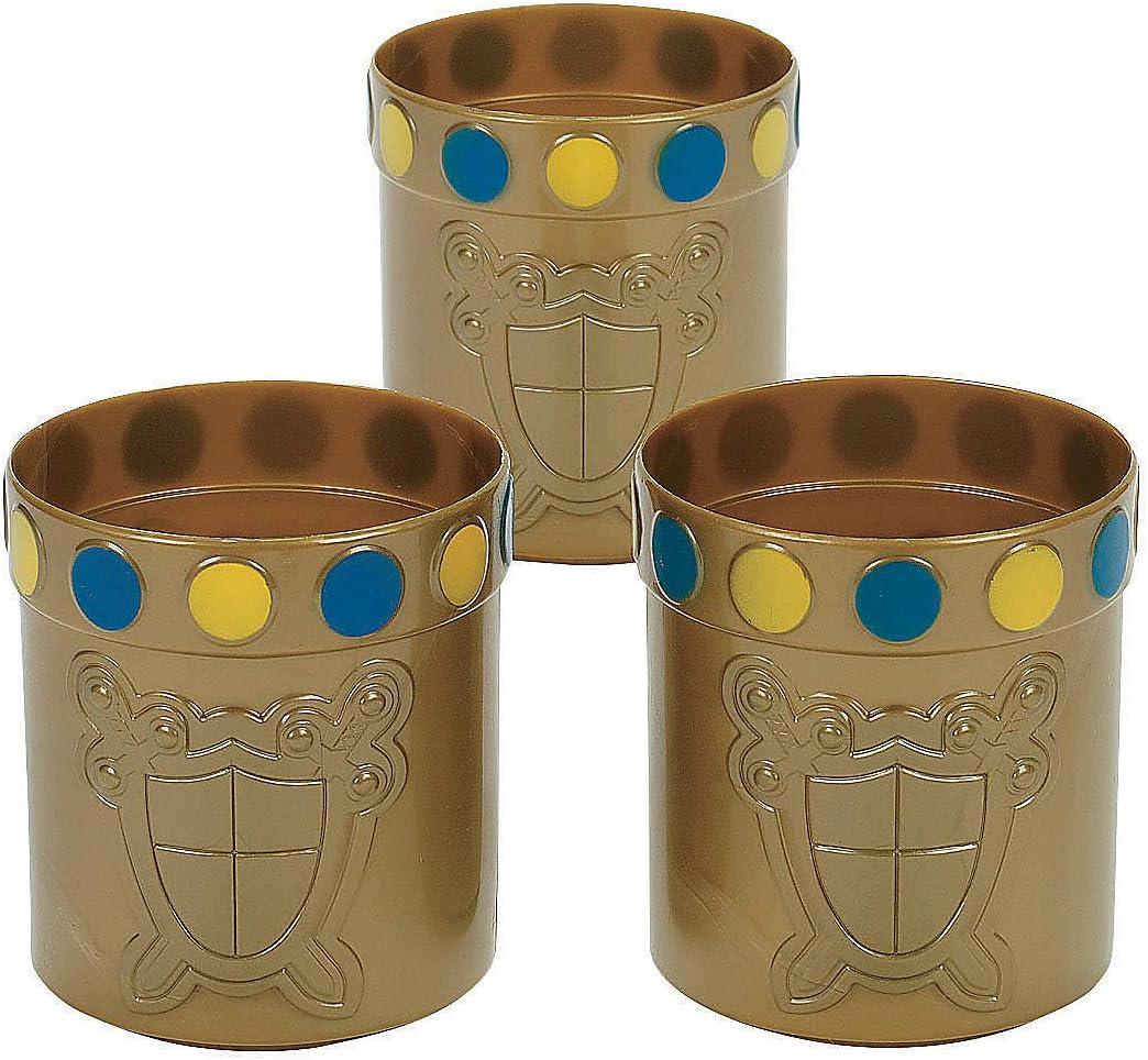 Fun Express Set of 12 Pieces Knight Party Mugs with Jewel Rim, Holds 8 oz, BPA Free Plastic, Royal and Princess Themed Party Supplies, Golden
