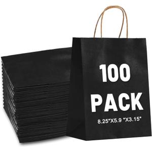LIHOMR Gift Bags 8.25" x 5.9 x3.15 100Pcs Paper Bags with Handles, Kraft paper Bags for Small Business Christmas Bulk, Wedding, Party Favor, Shopping, Lunch, Halloween Trick-or-Treat (Black)