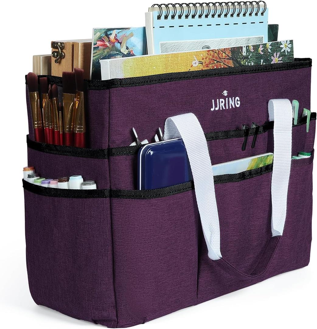 JJRING Craft Organizer Tote Bag, Large Art Storage Caddy with Multiple Pockets, Deep Purple Sewing Bag for Art, Craft, Scrapbooking, Medical, and Office Supplies Storage