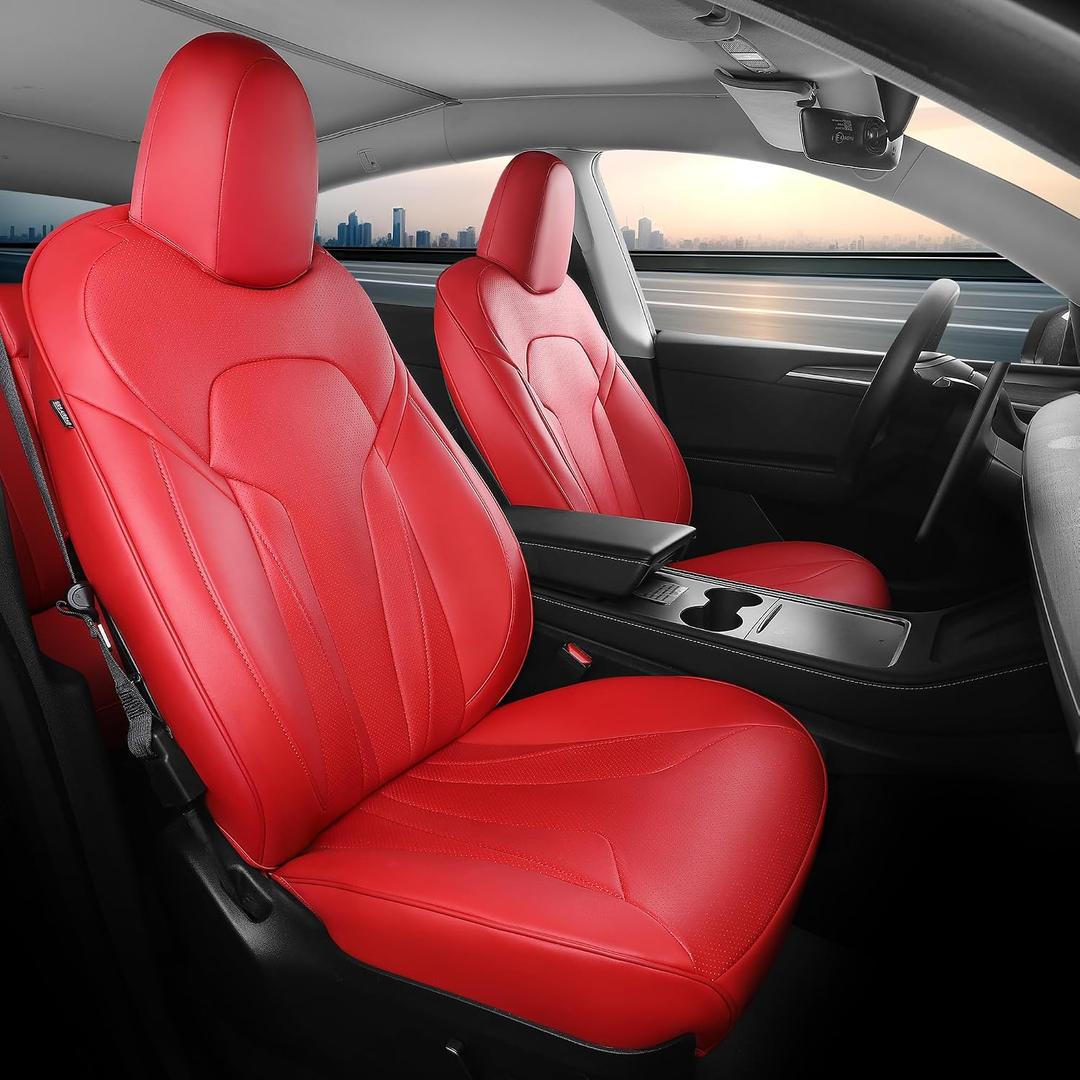 Upgrade for Tesla Model Y Seat Covers 20202024 5-Seater, Full Set Custom Fit, Waterproof Faux Leather, Breathable & Easy to Install RED (Not Fit 2025/2026)