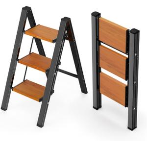 WOA WOA Step Ladder with Widened Pedals, Folding Step Stool with Anti-Slip Feet, Portable Home Ladder for Adults, Kitchen Small Stepladder 300 lbs Capacity (3 Step, Black & Wood Grain)