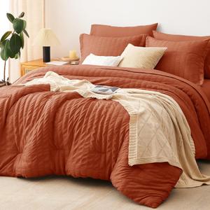 CozyLux Queen Comforter Set Burnt Orange Seersucker 7 Pieces Bed in a Bag Queen Comforter Set with Sheets Terracotta Luxury Bedding Set with Down Alternative Comforter, Sheets, Pillowcases & Shams