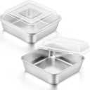 E-far 6 x 6-Inch Square Baking Pan with Lid, Small Stainless Steel Cake Brownie Pans Trays Dishes for Toaster Oven Air Fryer, Healthy & Dishwasher Safe - Set of 2(2 Pans + 2 Lids)