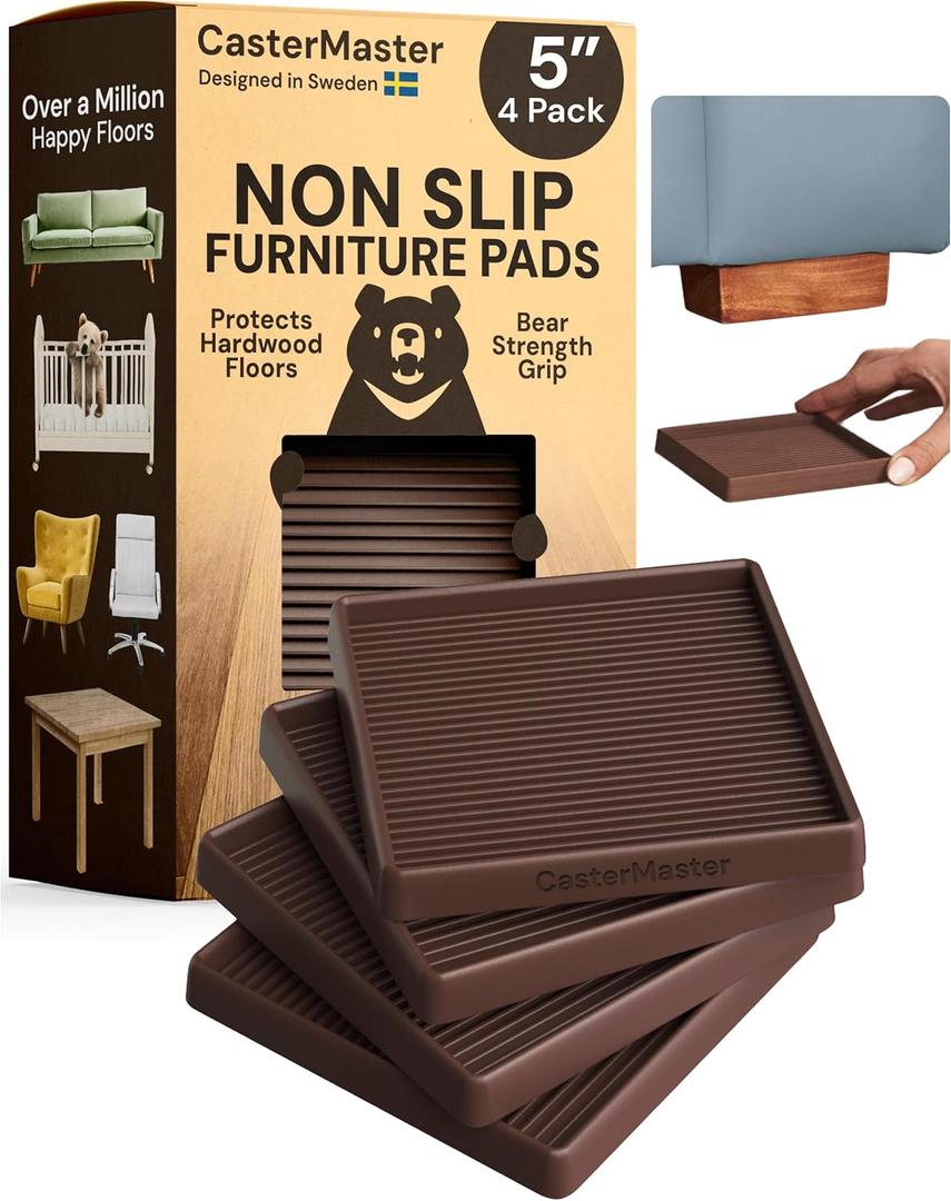 CasterMaster Non-Slip Furniture Pads Square Rubber Anti-Skid Caster Cups, Anti-Sliding Floor Protectors for Furniture (Brown, 5'' x 5'' (Pack of 4))