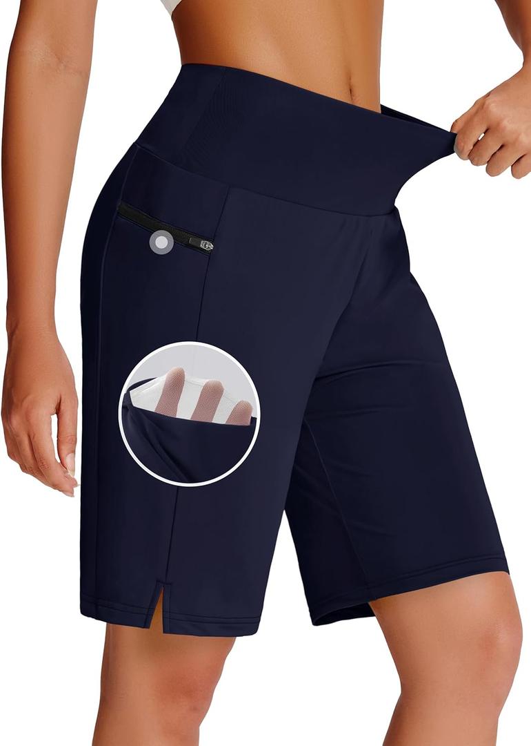 Womens 9" Swim Board Shorts with Zipper Pockets High Waisted Quick Dry Beach Bermuda Long Swimming Trunks UPF 50+ (Large, Navy)