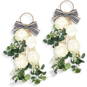 Giegxin 2 Pcs 17" Eucalyptus Wreath Swag Artificial Spring Floral Swag for Front Door Kitchen Cabinet Farmhouse Peony Teardrop Wearths Decor with Ribbon Rustic Wall Hanging Decor for Window Porch