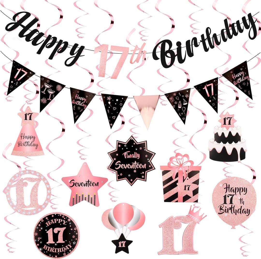 17th Birthday Decorations for Girls Rose Gold Pink Pre Assembled Happy Birthday Banner and Hanging Swirls 17 Years Old Party Decorations Supplies 17th Birthday Gifts for Girls