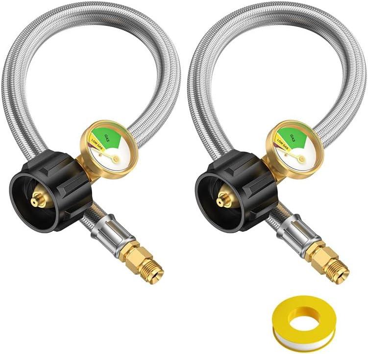 2-Pack 15 inch RV Propane Tank Hose with Gauge, Propane Pigtail for RV Propane Regulator 2 Tank Connection Kit, QCCI to 1/4'' Male Flare Dual Propane Stainless Steel Braided Hose