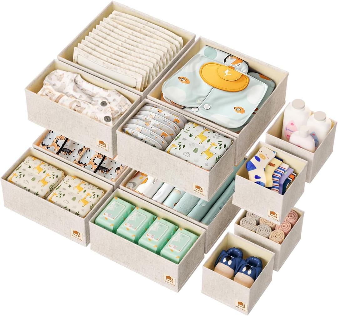 12 Pack Drawer Organizer for Baby Clothes, Linen Fabric Nursery Organizer for Baby Diaper, Collapsible Deep Fabric Drawer Organizer with Zipper for Socks, Bra, Towels, Ties, Beige
