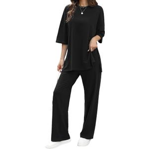 Cnlinkco Womens 2 Piece Outfits Short Sleeve Set Wide Leg Pants Casual Trendy Pullover Lounge Set (XL, 01 Black)