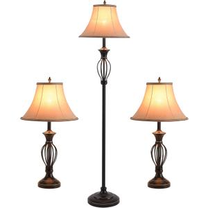 3 Pack Lamp Set, Living Room Light Set of 3, Floor and Table Lamp Set in Black Finish with Vintage Brown Fabric Light Shades, 26" and 61"(H), Solid Iron