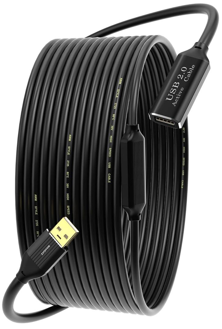 Active USB 2.0 Extension Cable 65FT(20M)with Built-in Signal Booster, 480Mbps High Speed Data Transfer Male to Female Repeater Cord, in-Wall-Long USB Extender for VR/Printer/Hard Drive/Xbox/PC