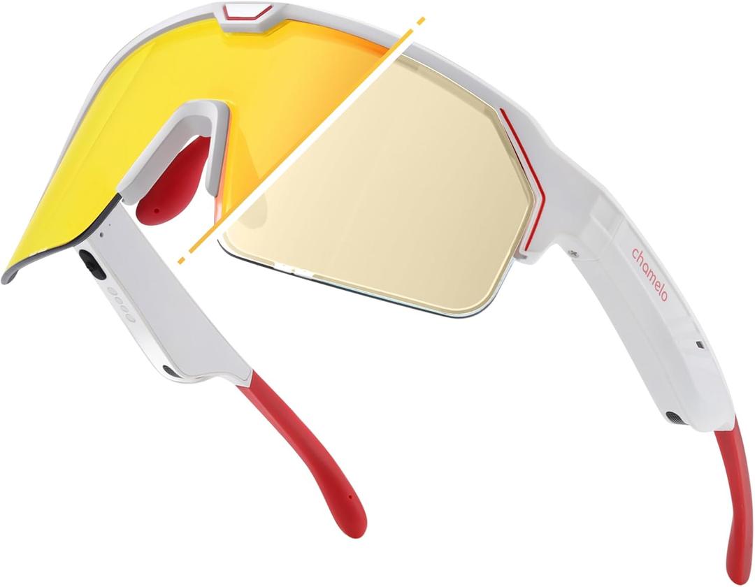 Chamelo Music Shield Smart Audio Sunglasses  Matte White Frame, Smoke Lenses | Open-Ear Bluetooth Glasses for Men & Women with Electronic Tint Control, Sweat Proof, Sports Eyewear, 100% UV Protection