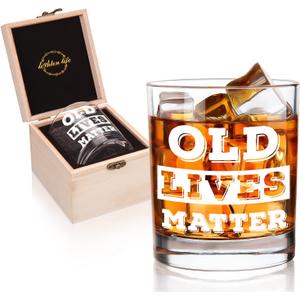 LIGHTEN LIFE Old Lives Matter Whiskey Glass 12 oz,Rock Glass in Valued Wooden Box,Funny Birthday or Retirement Gift for Grandpa,Dad,Old Man,Old Fashioned Whiskey Glass,Funny Christmas Gifts