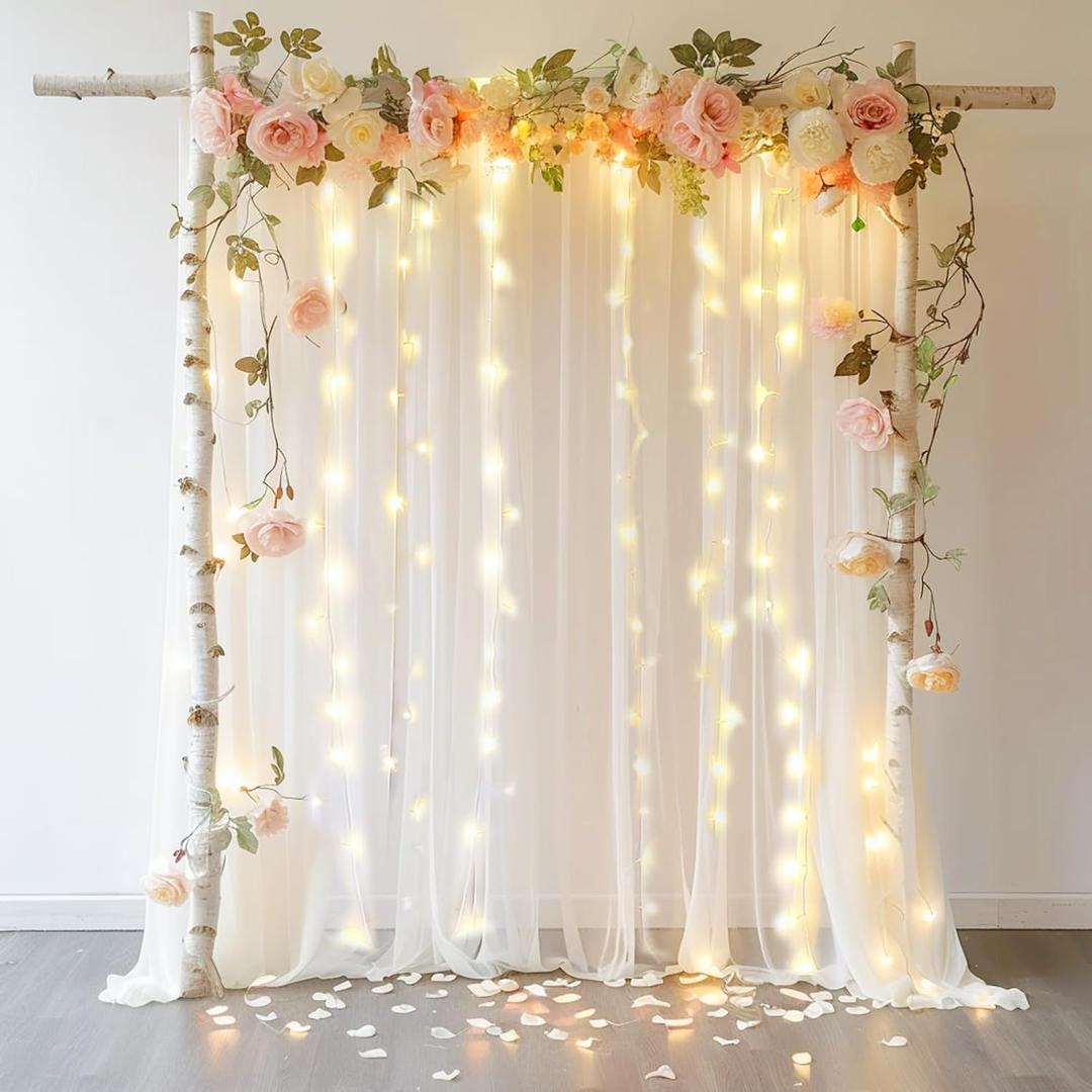 10 FT x 8 FT White Backdrop Curtain - Tulle Backdrop Curtain with 9.8FT Lights String - Sheer Backdrop Curtains with 4 Inch Rod Pockets for Birthday Weddings Baby Shower Celebration Party Decorations
