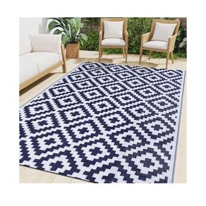 Smiry Outdoor Rug 8x10 ft Waterproof Reversible Boho Mat, White & NavyPolypropylene Plastic Straw, Quick Drying, Lightweight Foldable, for Patio, Deck, RV Camping, Backyard and Indoor Outdoor Use