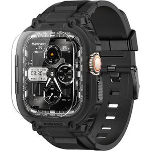 amBand Bands Case Screen Protector Compatible with Apple Watch Ultra 3/2/1 49mm for Men, M1 Sport Series Rugged Cover Strap and 9H Tempered Glass, Military Protective Bumper for iWatch 49 mm Men Black